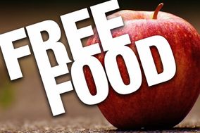 Brown background with a red apple. Text reads "Free Food."