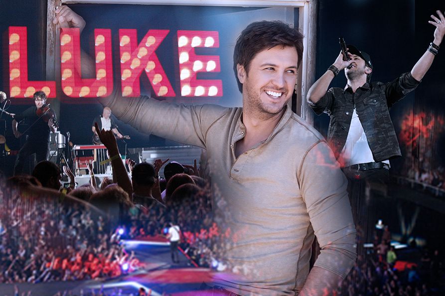 Photo collage of Luke Bryan on stage at the Coliseum in 2013