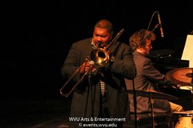 Wycliffe Gordon performing on stage at the WVU Creative Arts Center. Photo by Logan McMasters.