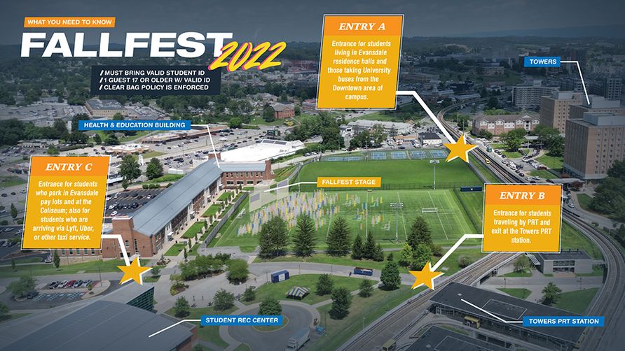 Map of Evansdale campus marking the FallFest entry gates.