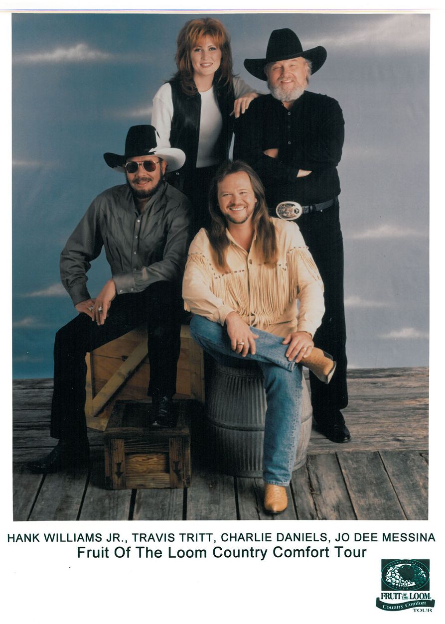 Hank Williams Jr., Travis Tritt, Charlie Daniels, JoDee Messina. Fruit of the Loom Country Comfort Tour publicity photo