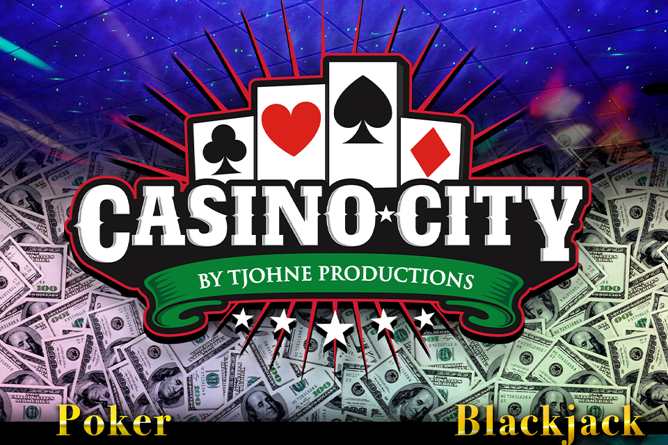 Casino by T John E productions. Poker. Blackjack. Background photo of cash and cards.