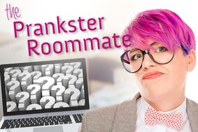 Prankster Roommate with photo of female with pink hair and glasses.