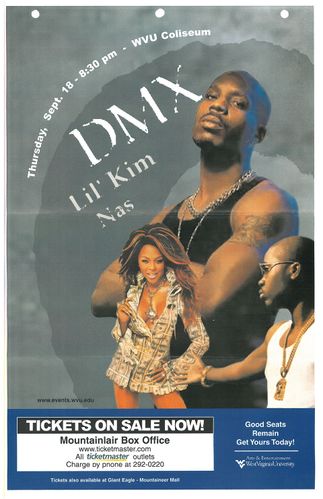 Concert poster with photos of DMX, Lil Kim and Nas advertising the September 18 show at the WVU Coliseum