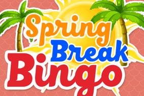 Spring Break Bingo with palm trees and sun art in the background.