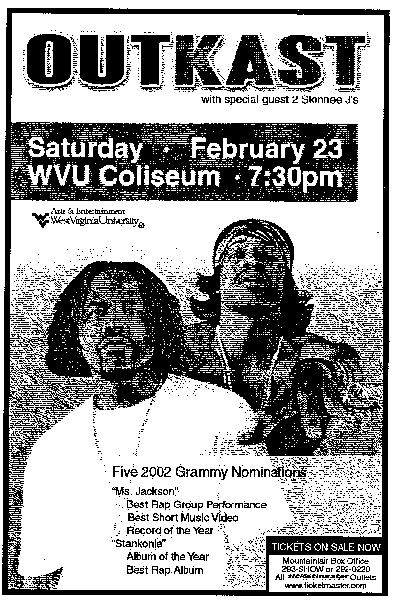 Copy of a newspaper ad promoting the Feb. 23, 2002 Outkast concert at the Coliseum.