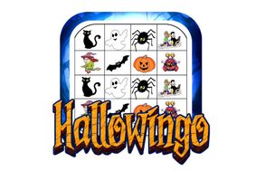Hallowingo with a bingo card featuring Halloween items: a spider, a pumpkin, a witch, a black cat, etc.