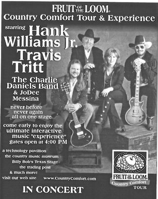 Country Comfort Tour print ad with photo of left to right Travis Tritt, Charlie Daniels, JoDee Messina, Hank Williams Jr
